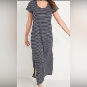 Coastal Cottage Beachy Lagenlook Fisherman Striped Navy & White Maxi Dress